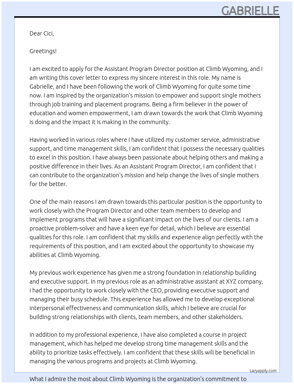 Assistant Program Director  At Climb Wyoming  Cover Letter