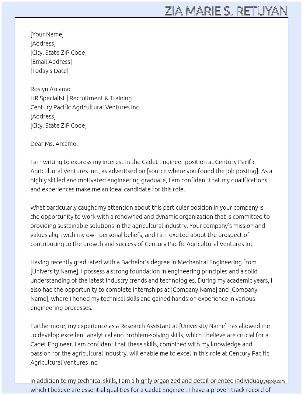 Cadet Engineer At Century Pacific Agricultural Ventures Inc. Cover Letter