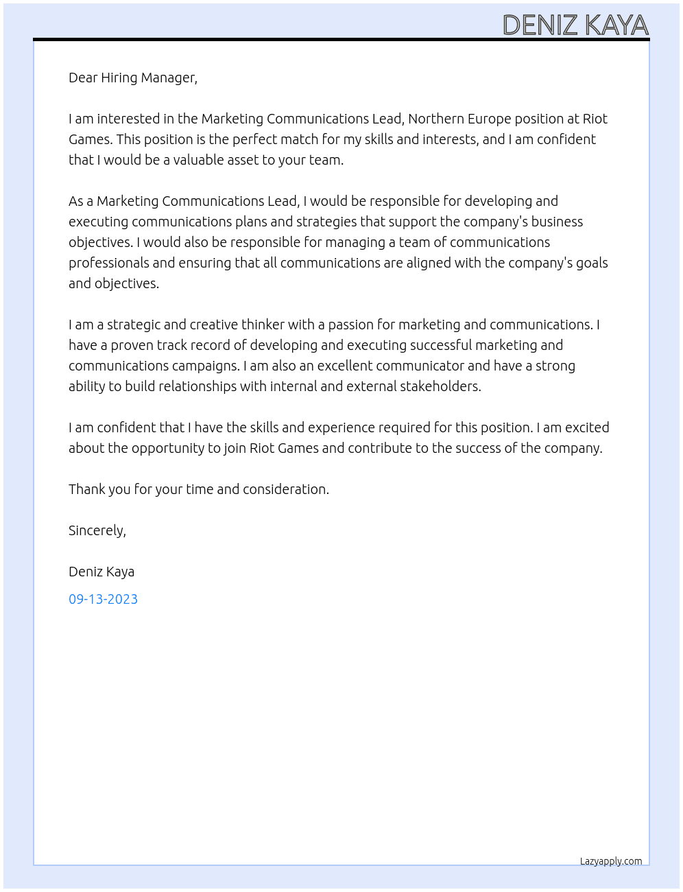 Marketing Communications Lead, Northern Europe  At Riot Games Cover Letter