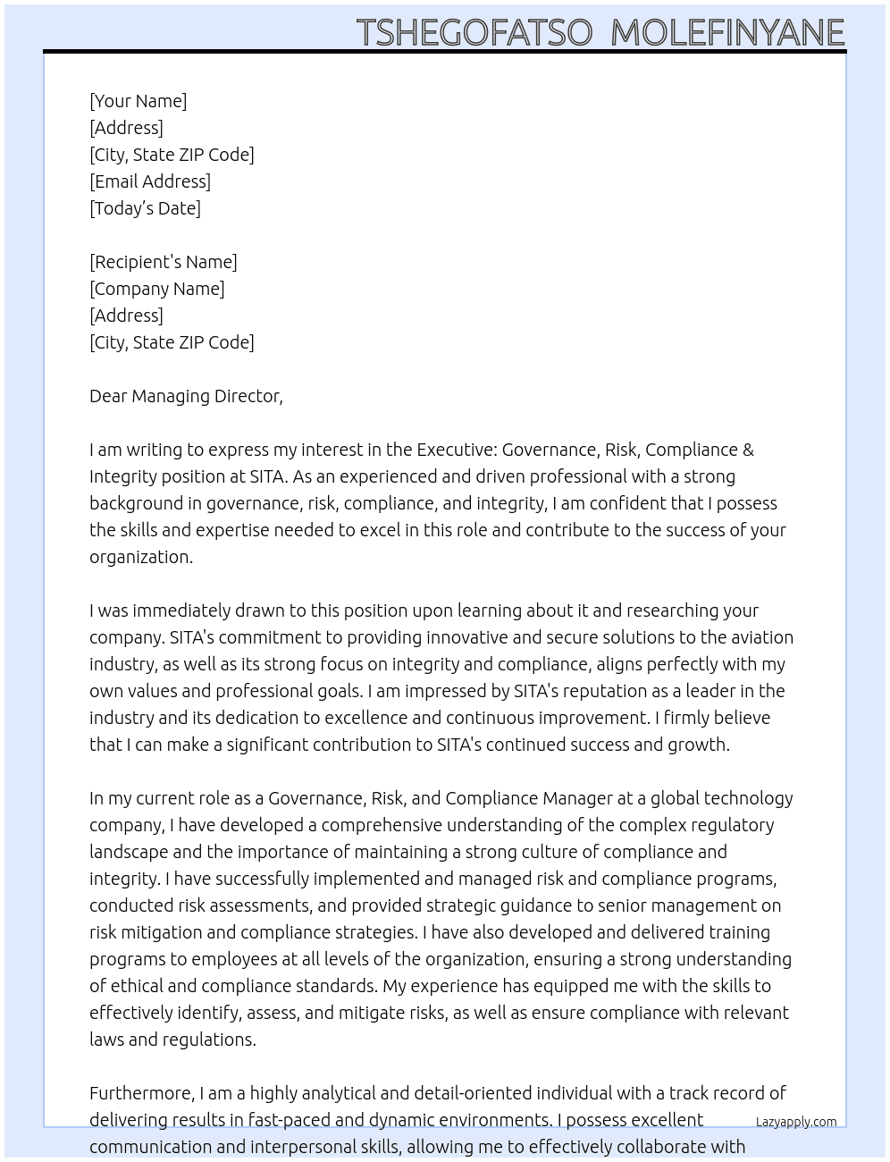 Executive: Governance, Risk, Compliance & Integrity At SITA Cover Letter