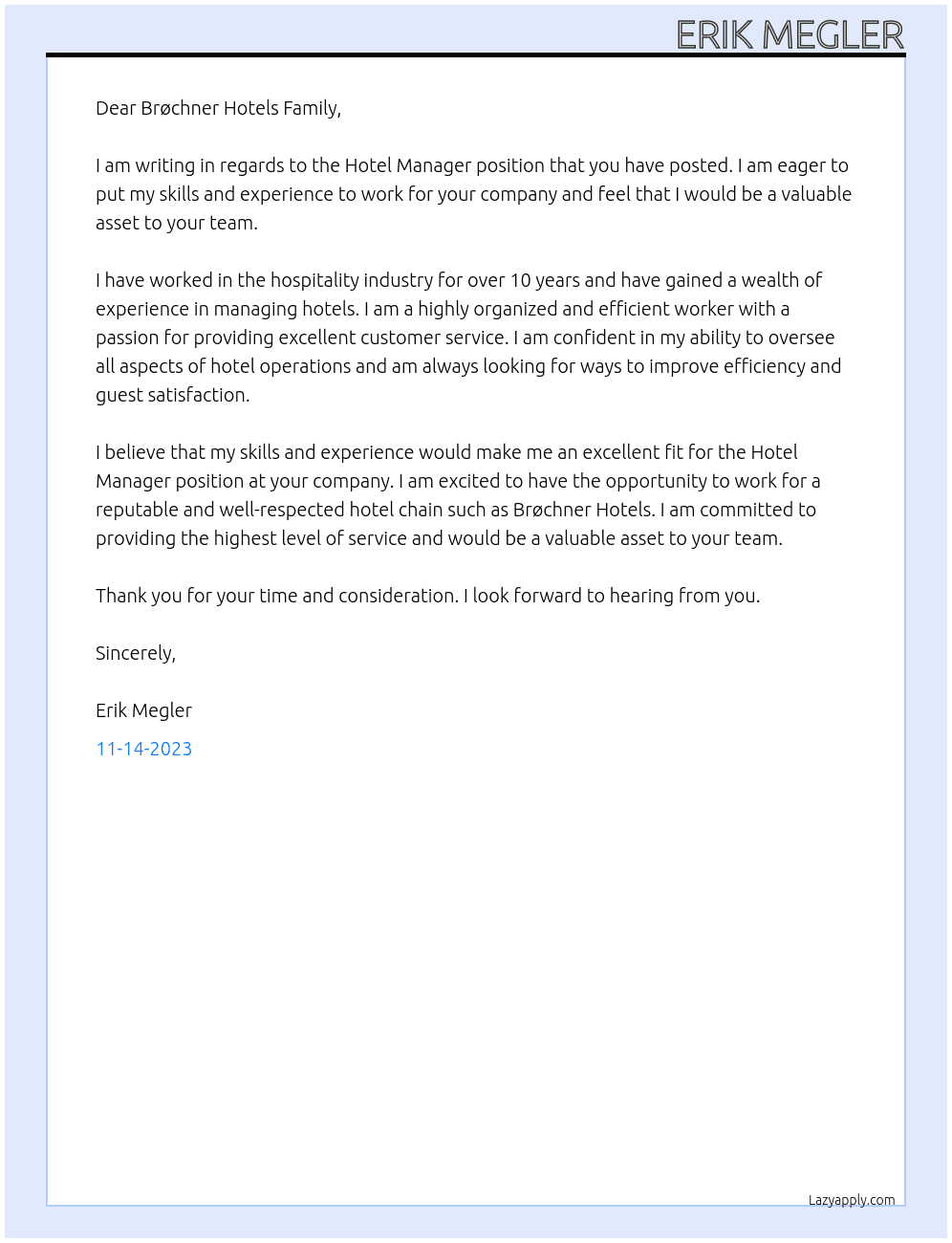 Hotel Manager At Hotel Danmark Cover Letter