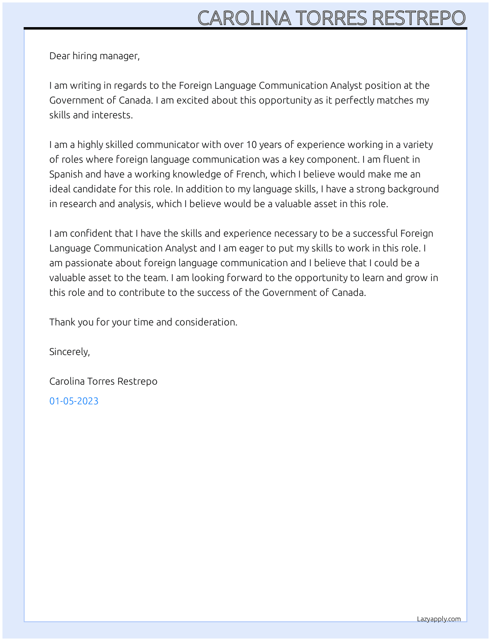 Foreign Language Communication Analyst At Government of Canada Cover Letter