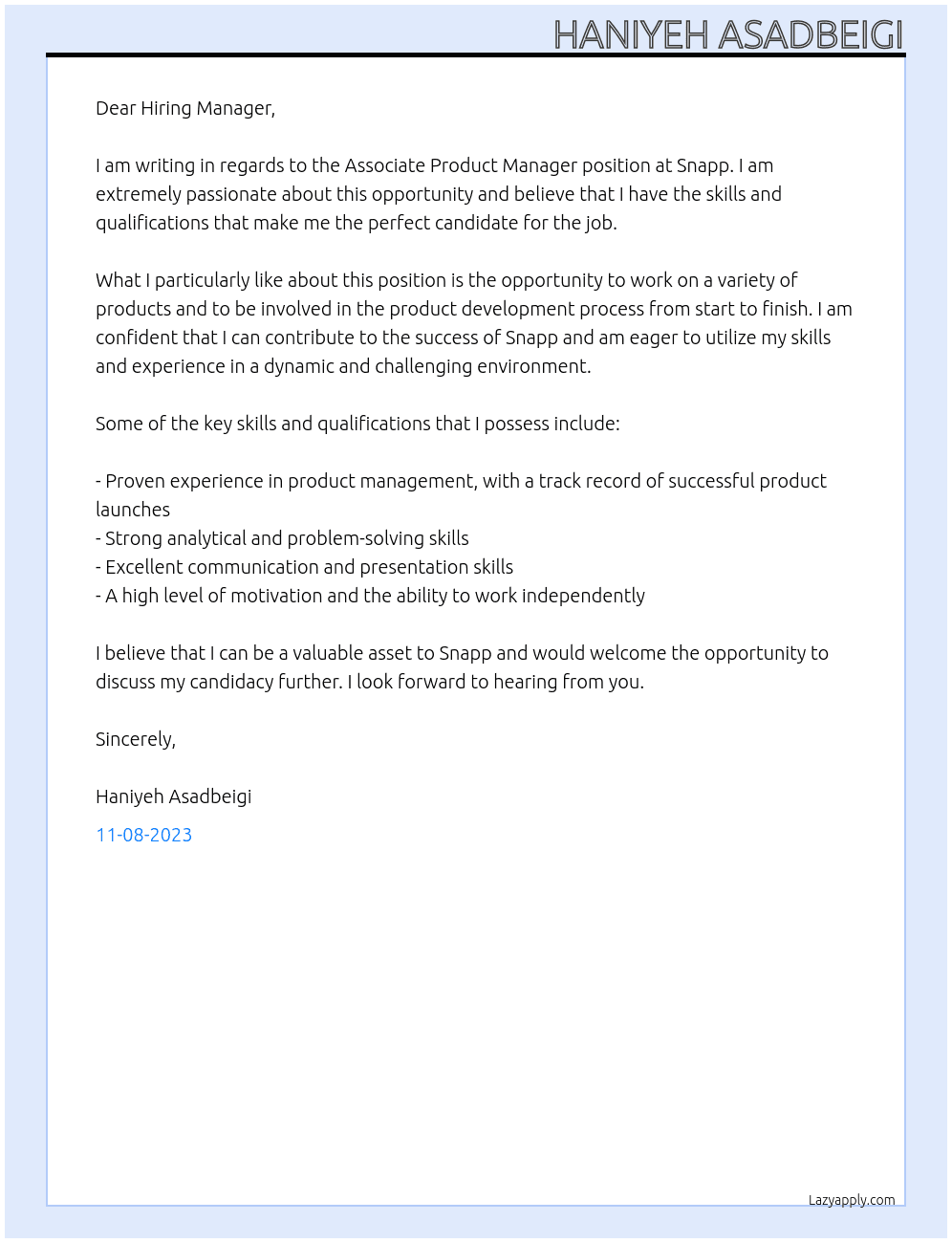Associate Product manager At Snapp Cover Letter