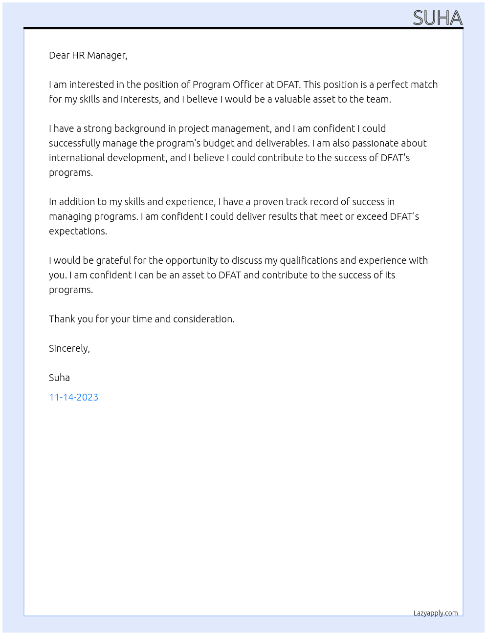 Program Officer  At DFAT Cover Letter
