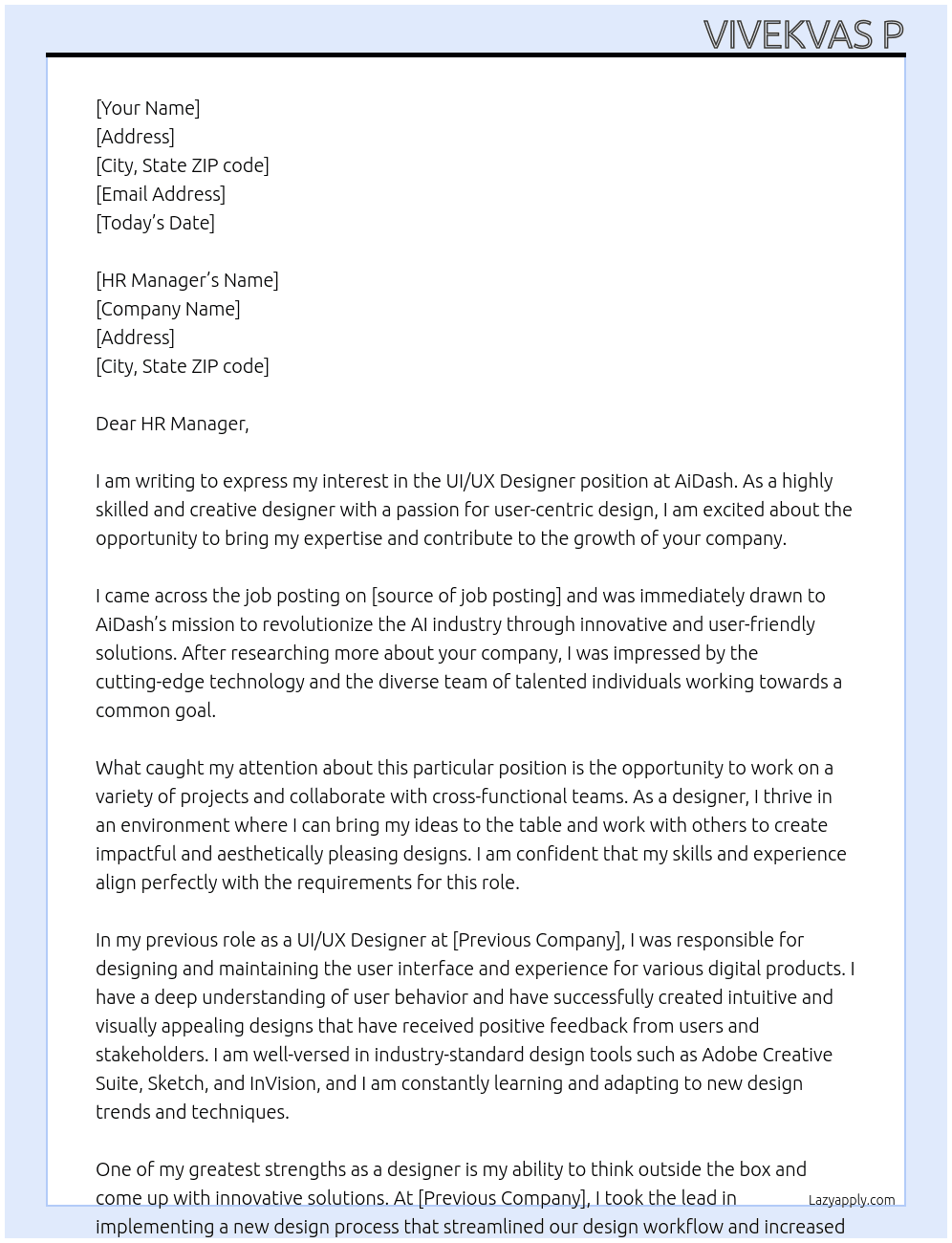 ui ux designer At AiDash Cover Letter