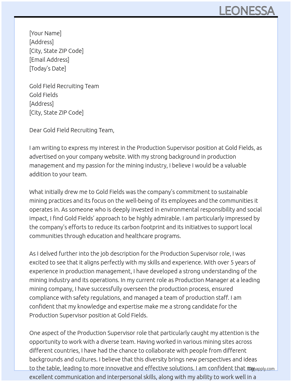 Production Supervisor  At Gold Fields Cover Letter