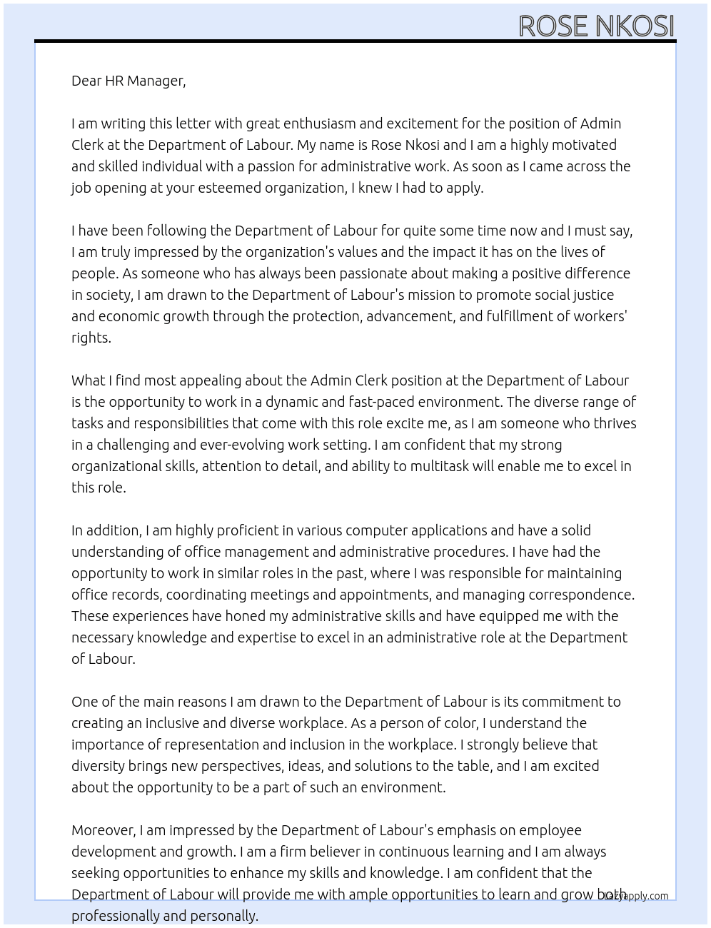 Admin clerk At Department of Labour Cover Letter