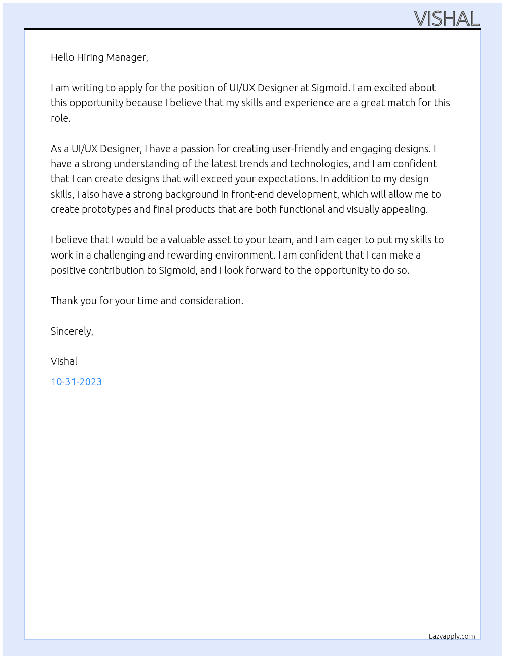 UI/UX Designer At Sigmoid Cover Letter