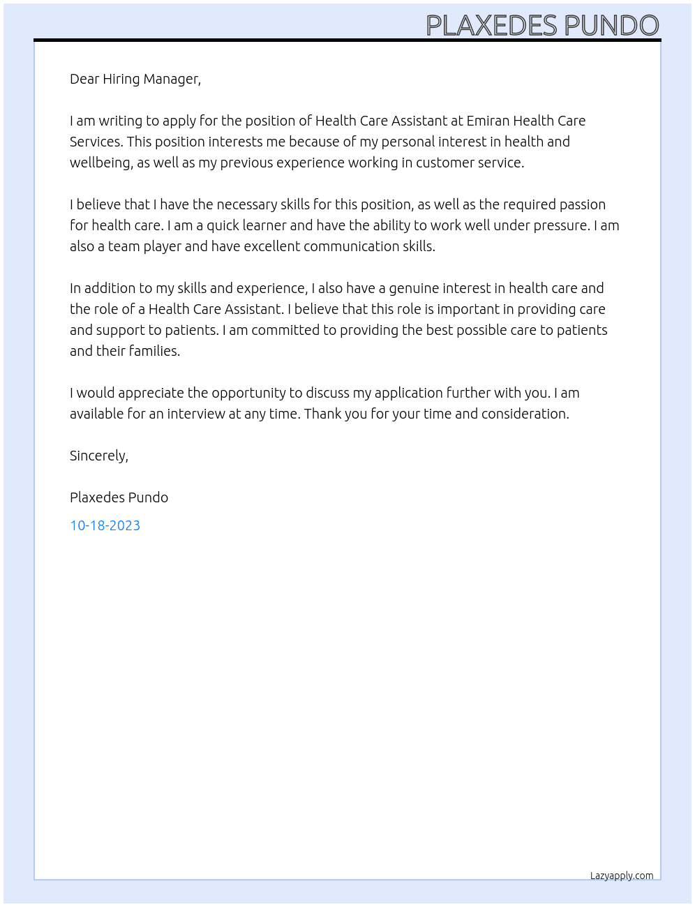 Health Care Assistant At Emiran Health Care Services Cover Letter