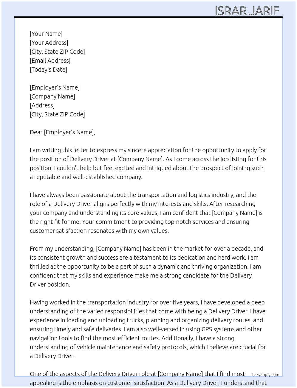 Delivery driver  At Ex anyone  Cover Letter