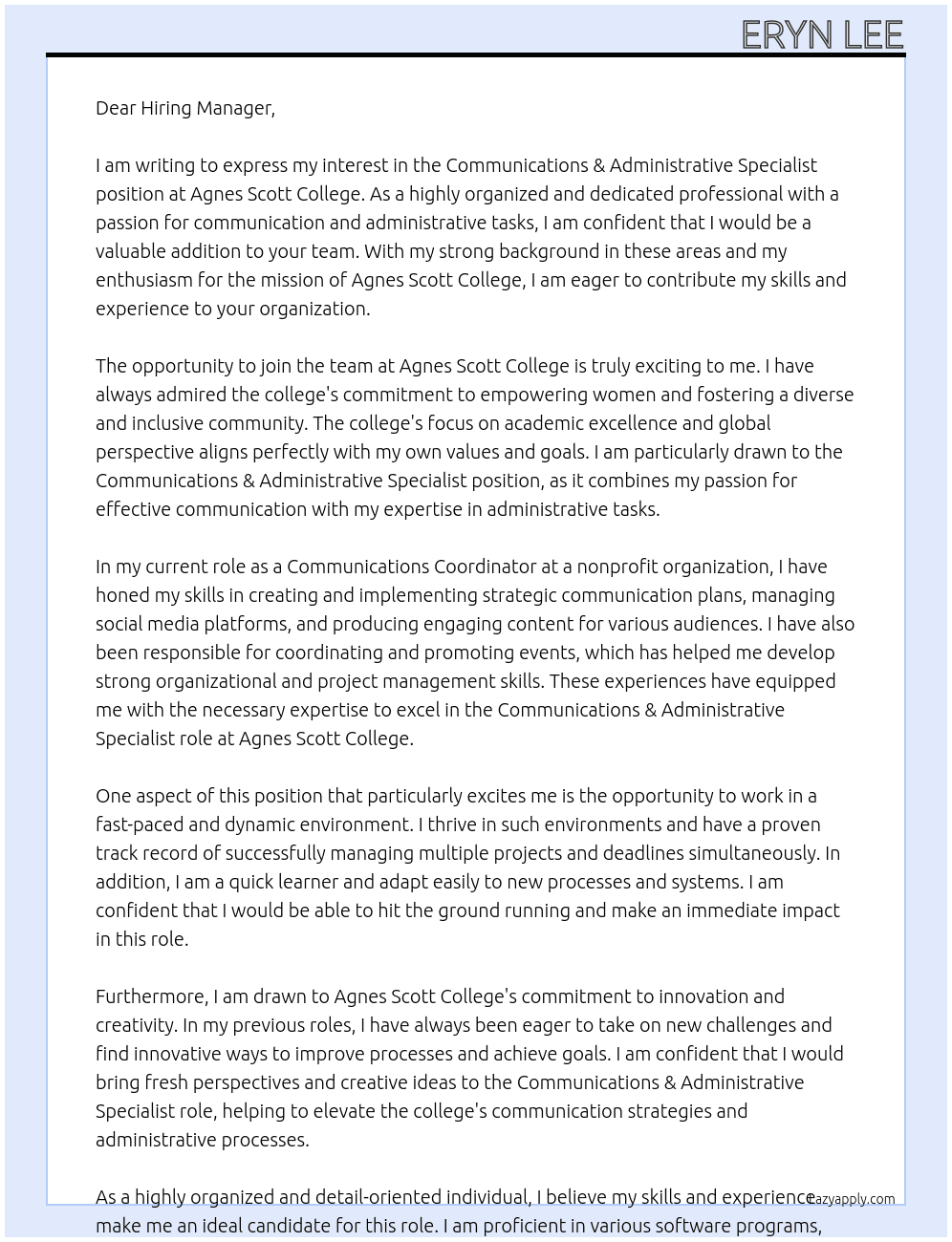 Communications & Administrative Specialist At Agnes Scott College Cover Letter