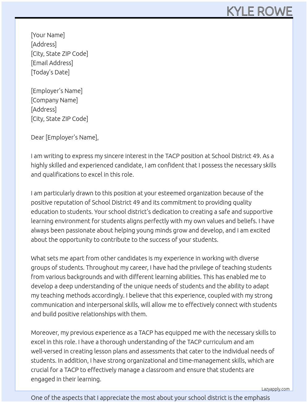 TACP At School District 49 Cover Letter
