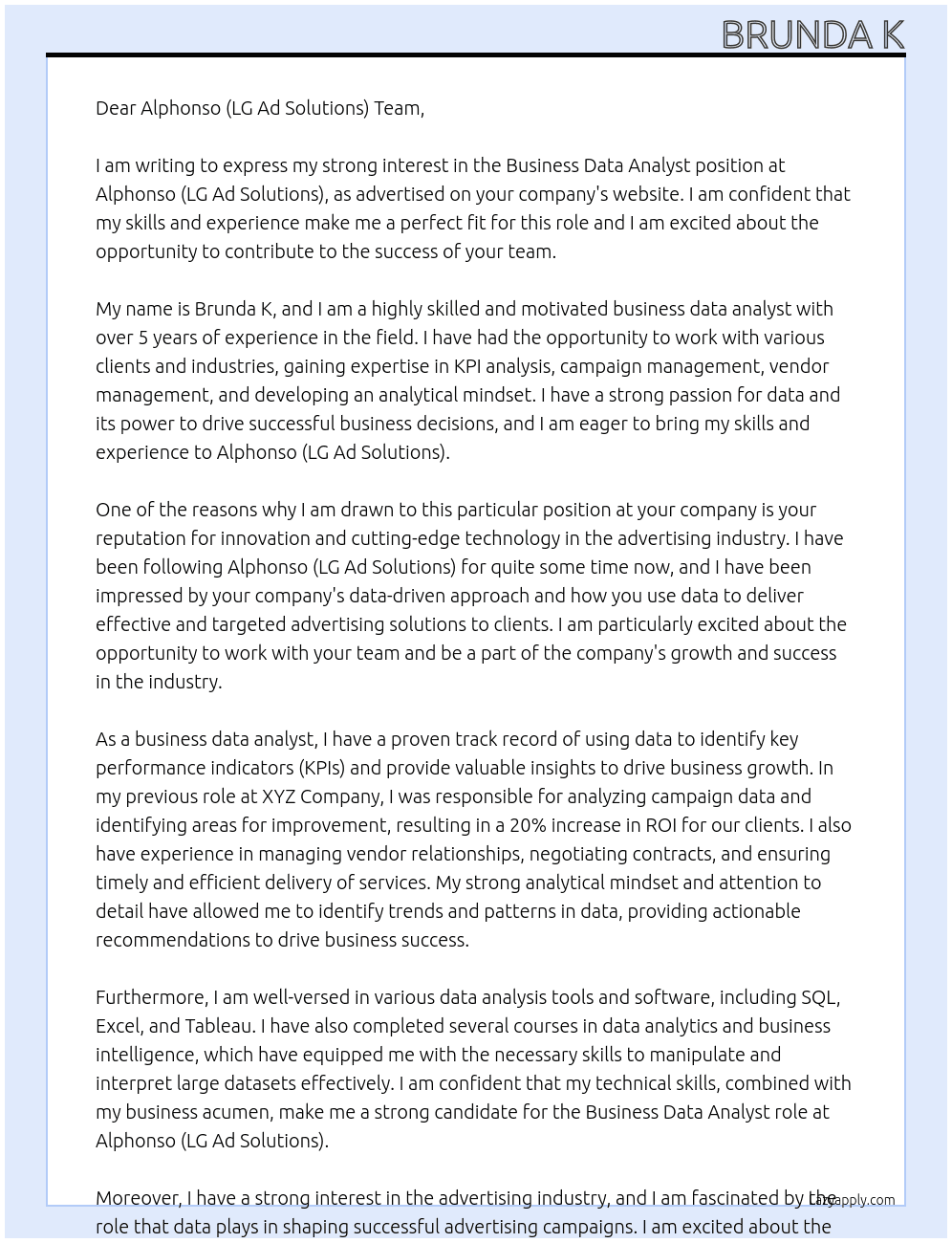 Business Data Analyst  At Alphonso (LG Ad Solutions) Cover Letter