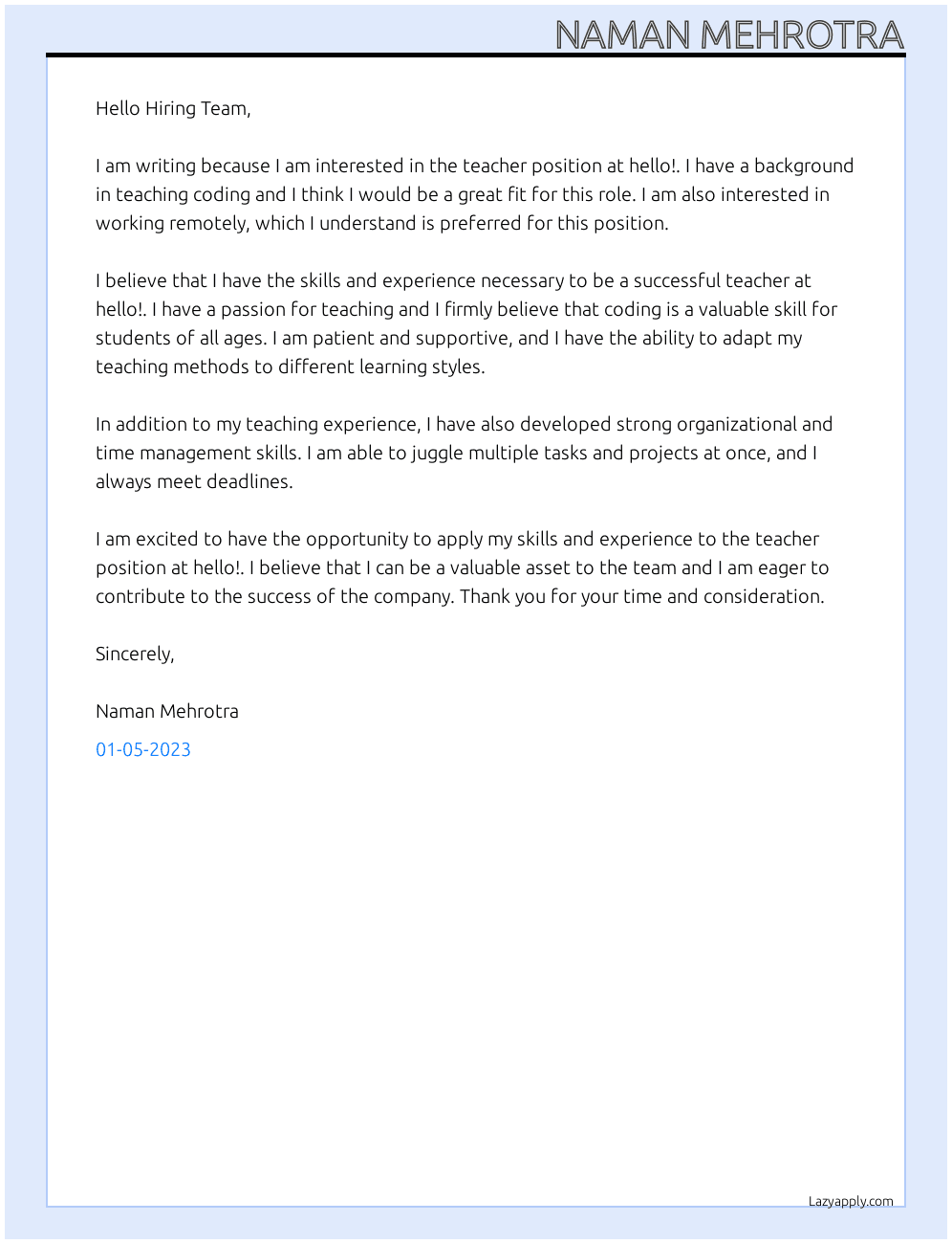 teacher At hello! Cover Letter