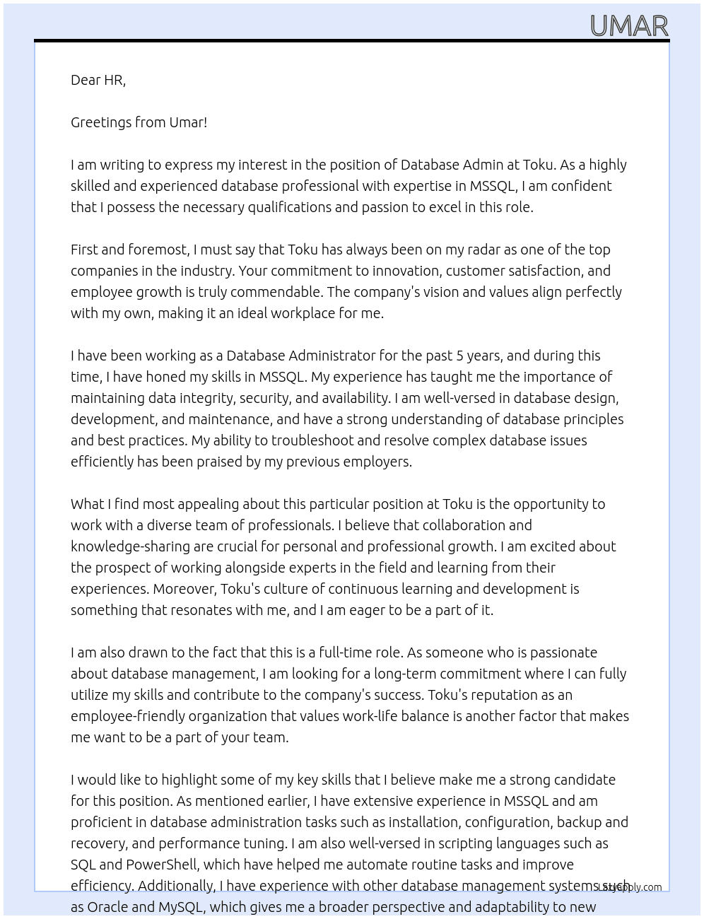 Database admin At Toku Cover Letter