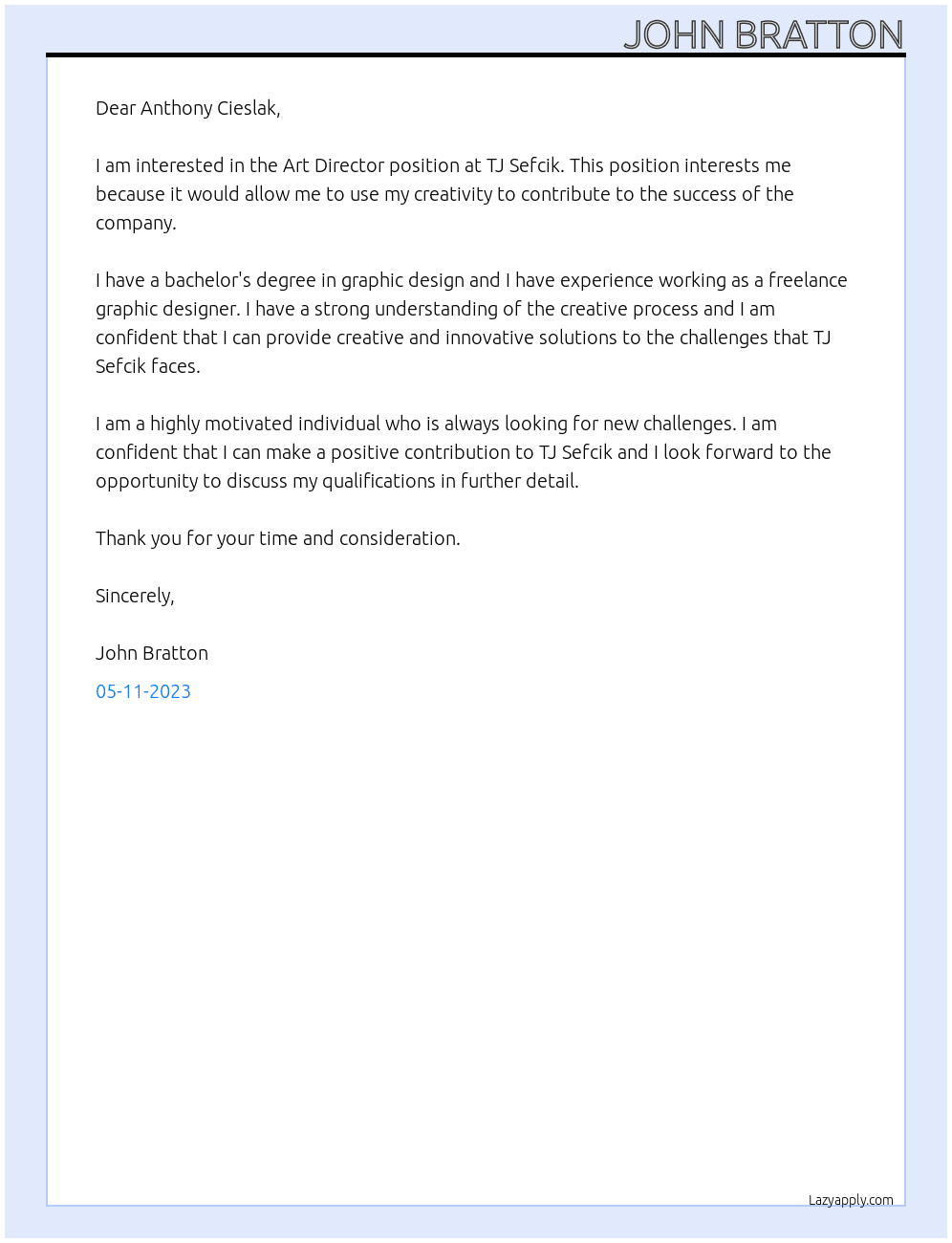 Art Director At   TJ Sefcik Cover Letter