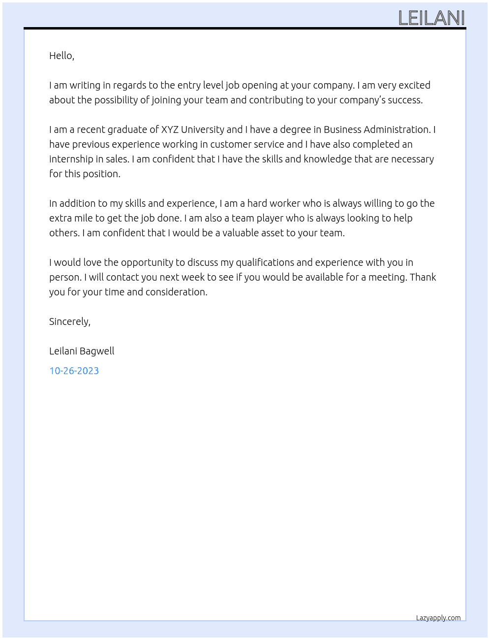Entry level job At entry level job Cover Letter