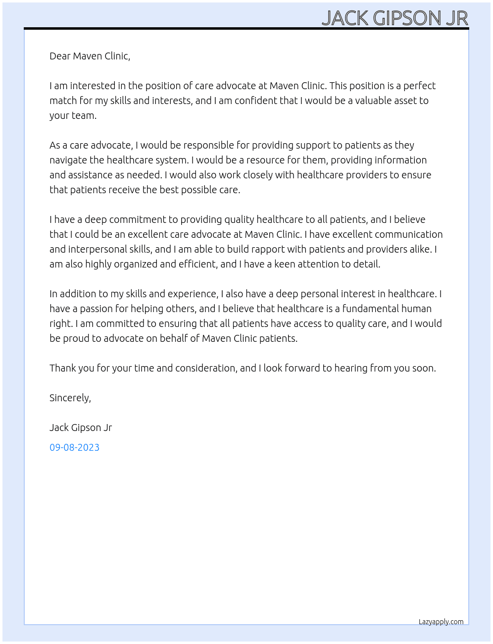 Care Advocate At Maven Clinic Cover Letter