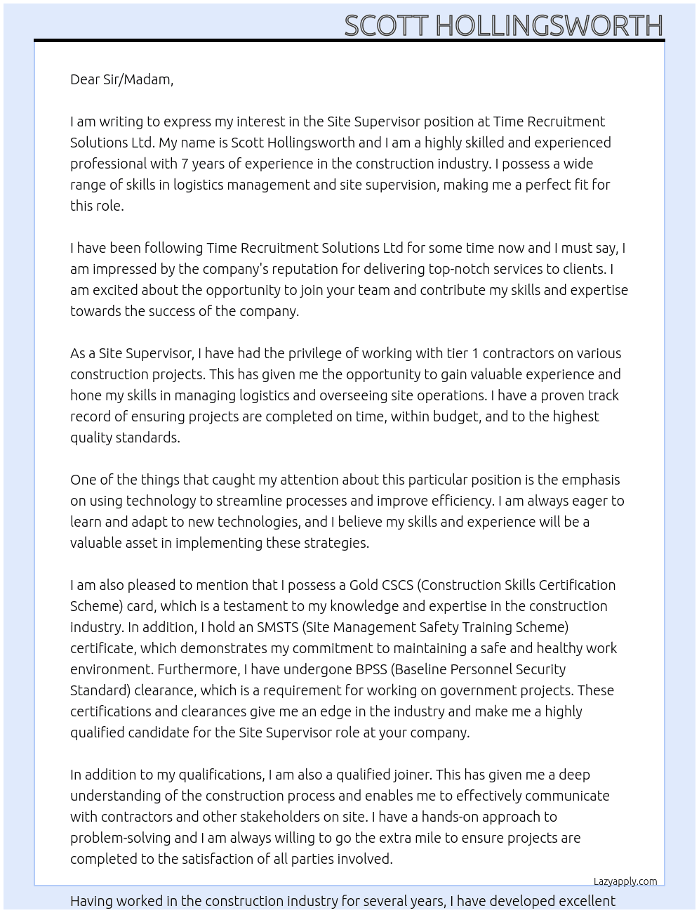  site supervisor At Time Recruitment solutions Ltd Cover Letter