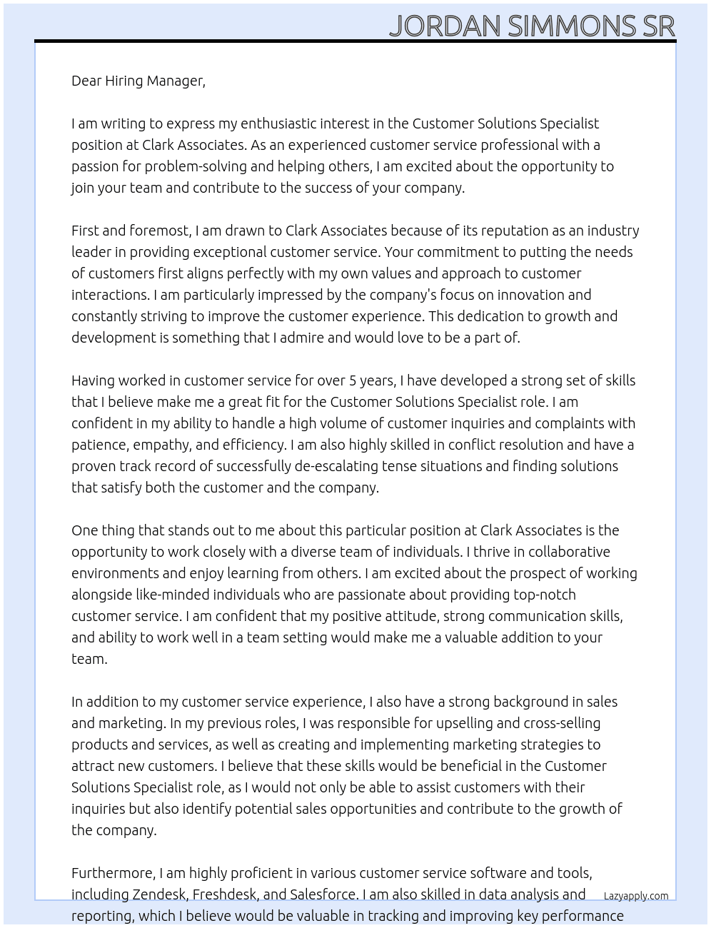 customer solutions specialist At Clark Associates Cover Letter