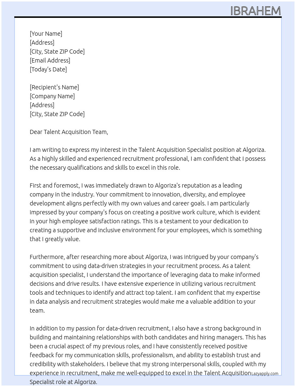 Talent Acquisition Specialist  At algoriza Cover Letter