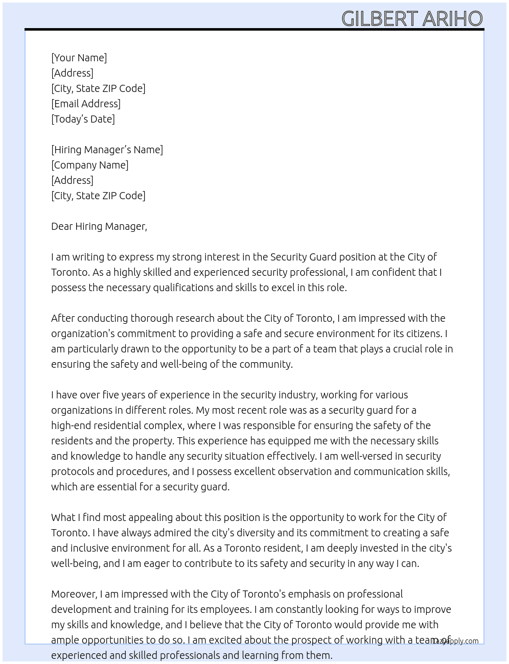 security guard At City of Toronto Cover Letter