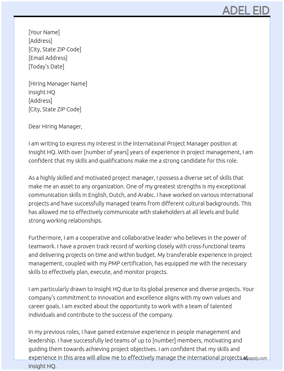 International Project Manager At Insight HQ Cover Letter