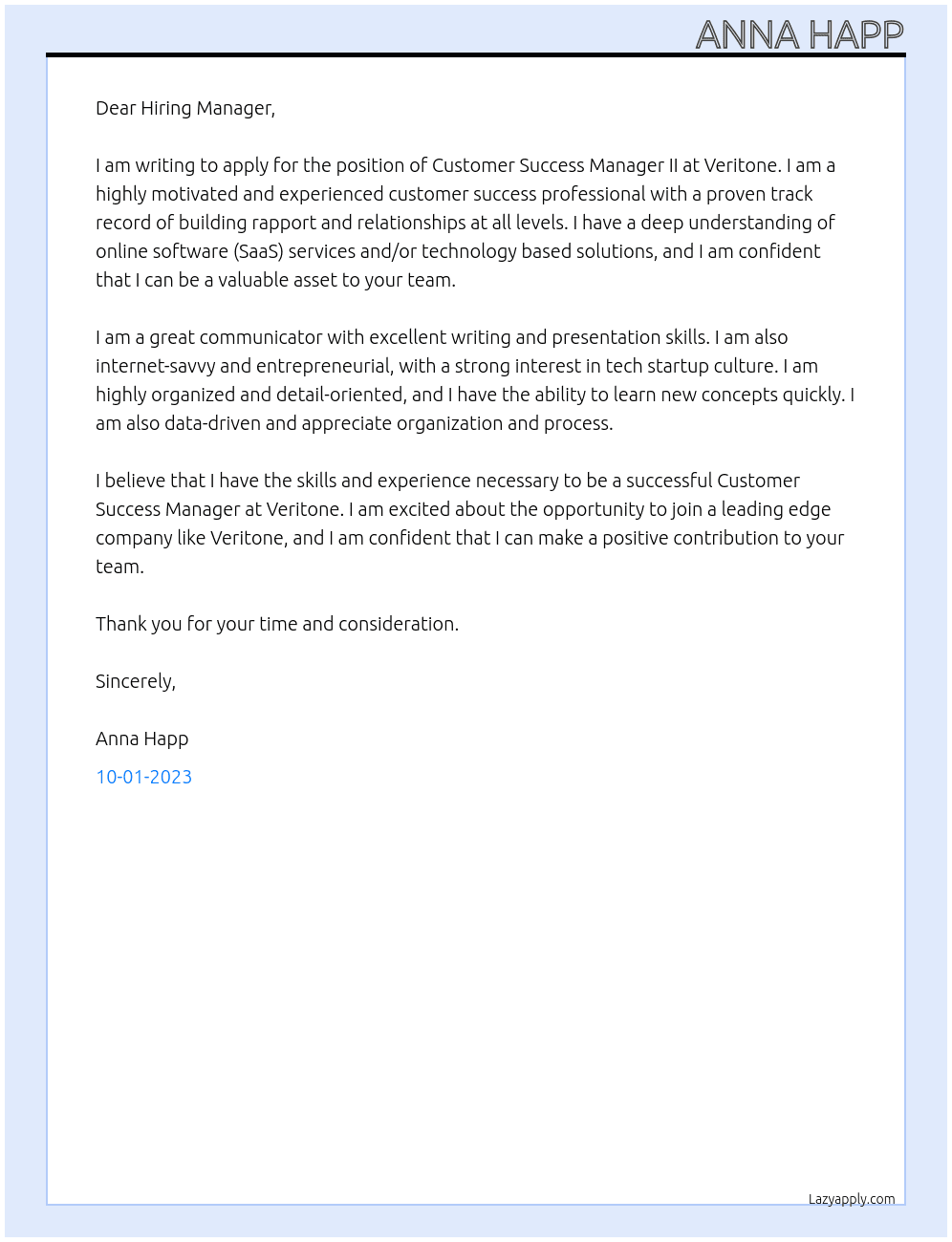Customer Success Manager II At Veritone Cover Letter