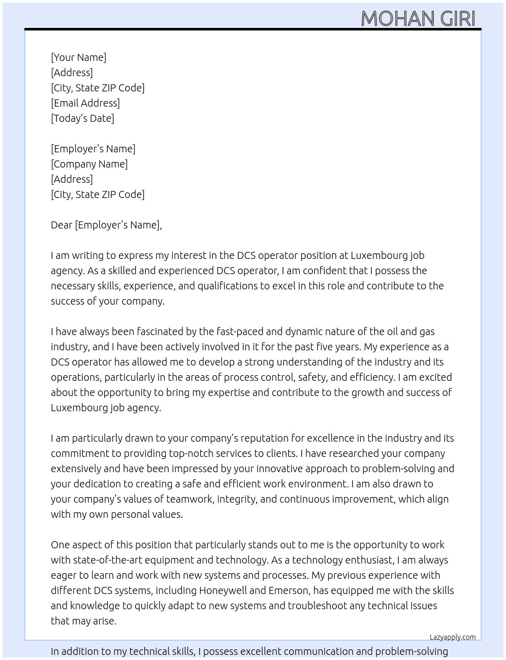 DCS operator At Luxembourg job Cover Letter