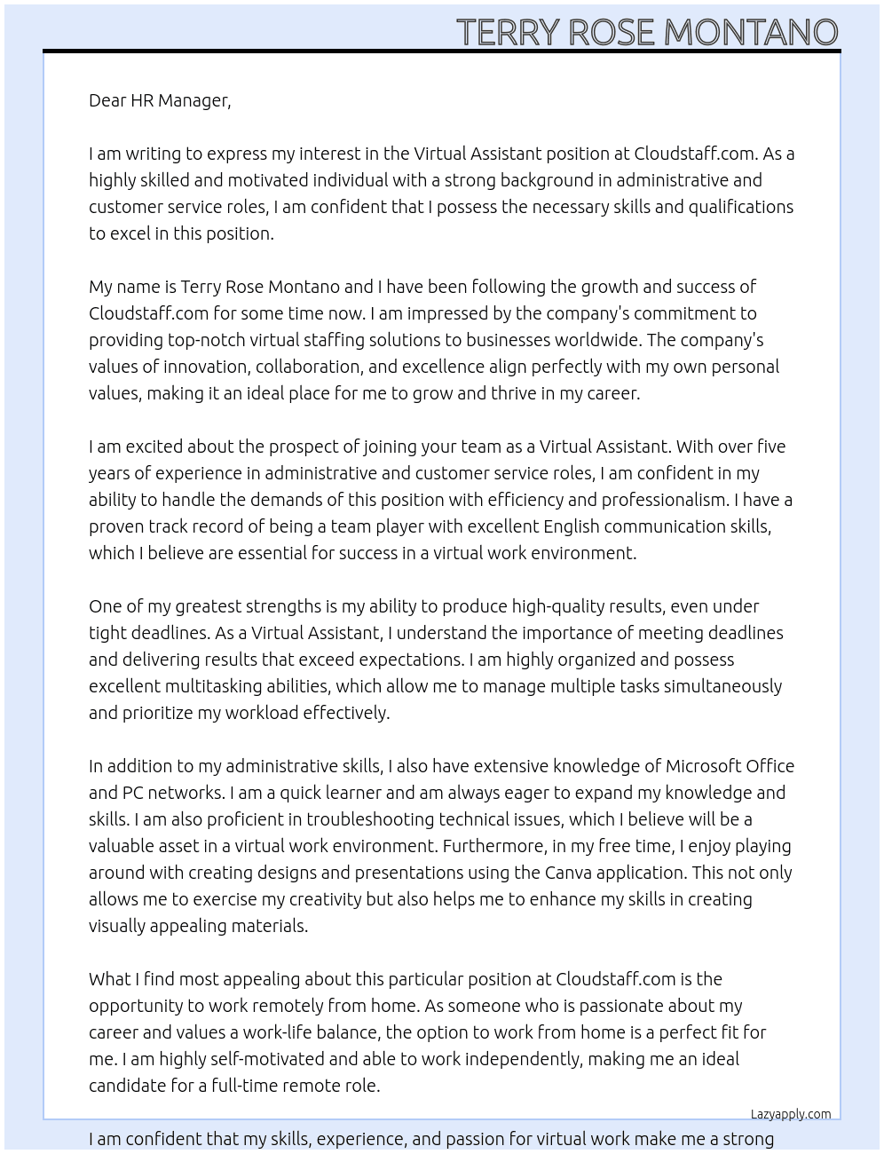 Virtual assistant At cloudstaff.com Cover Letter