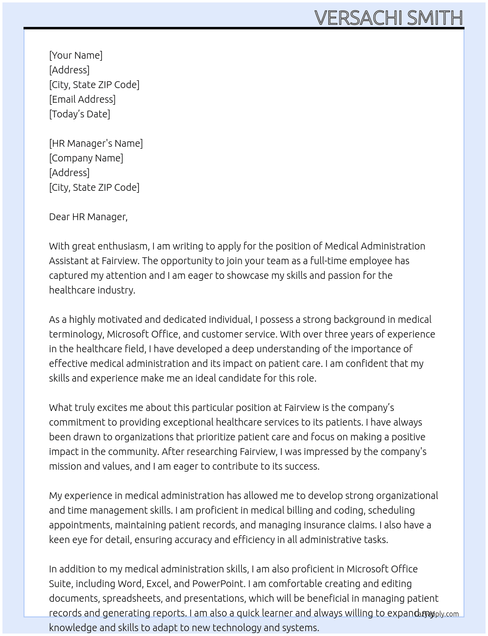 Medical Administration Assistant  At Fairview Cover Letter