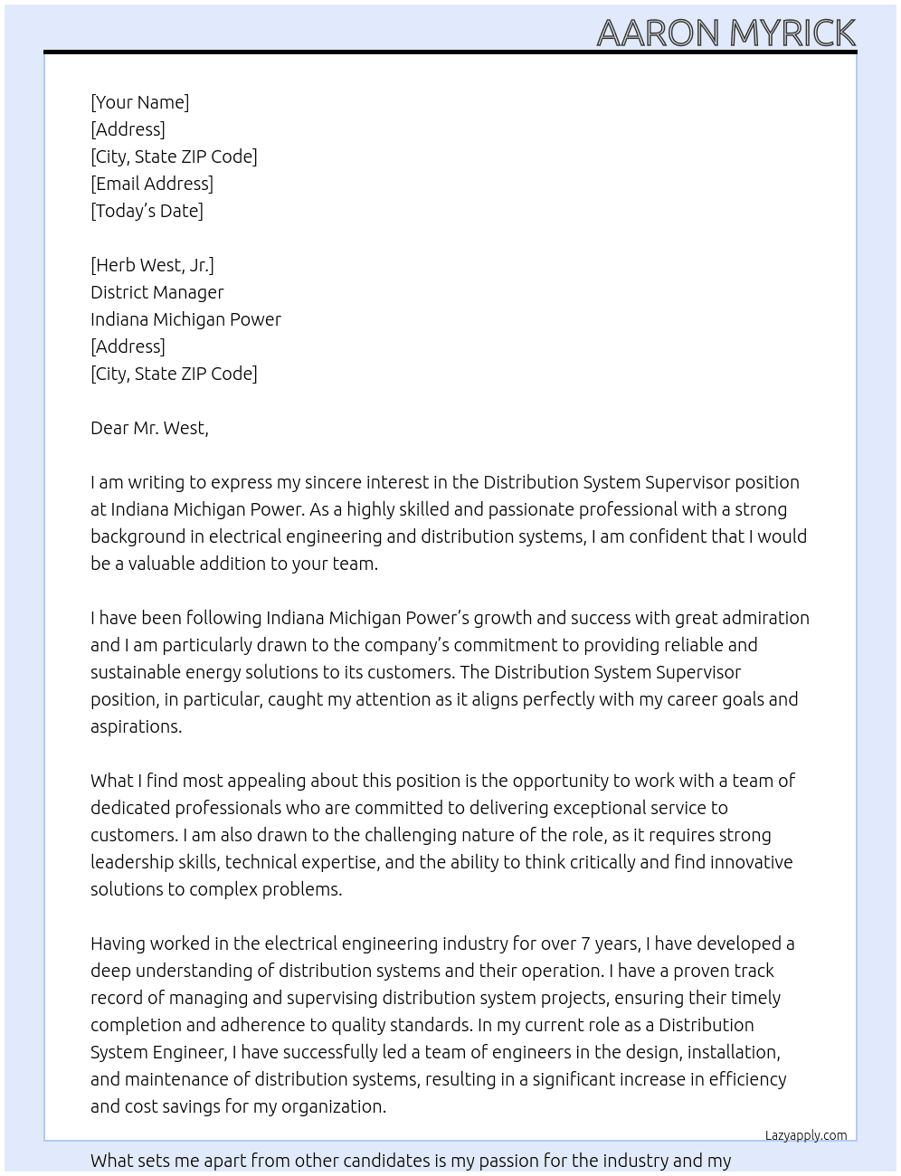Distribution System Supervisor At Indiana Michigan Power Cover Letter