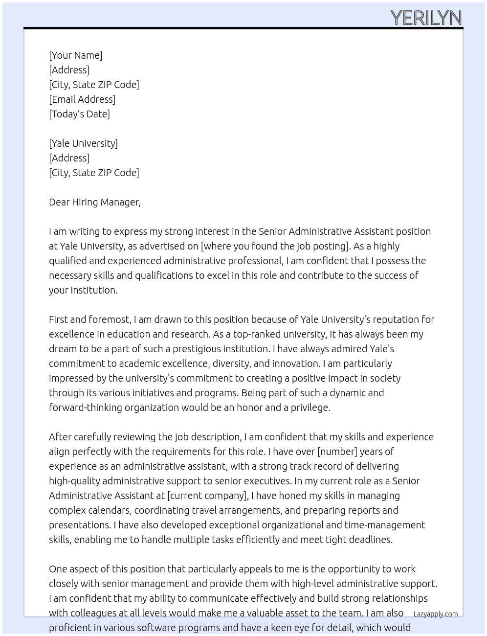 Senior Administrative Assistant At Yale University Cover Letter