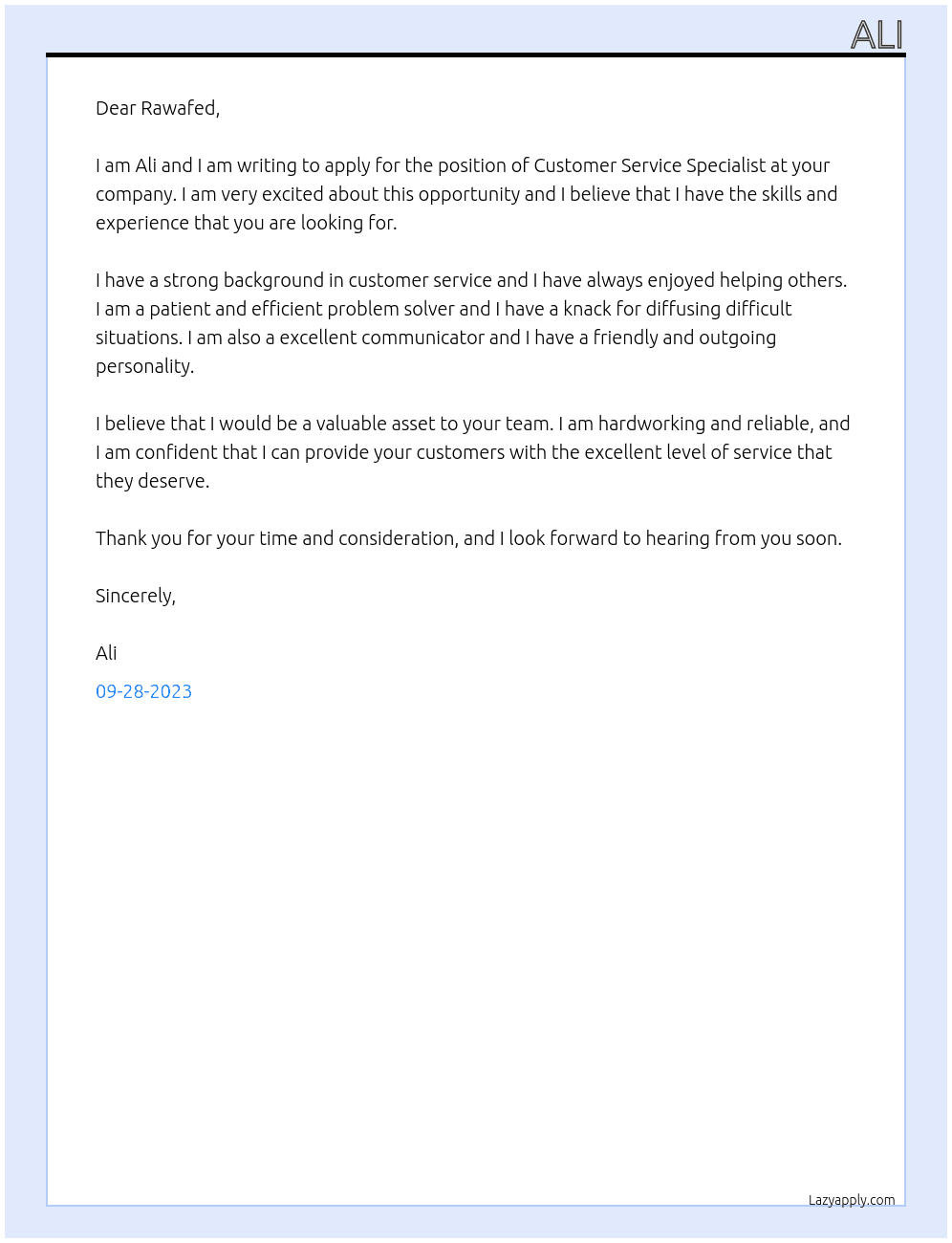 Customer service specialist  At Rawafed Cover Letter