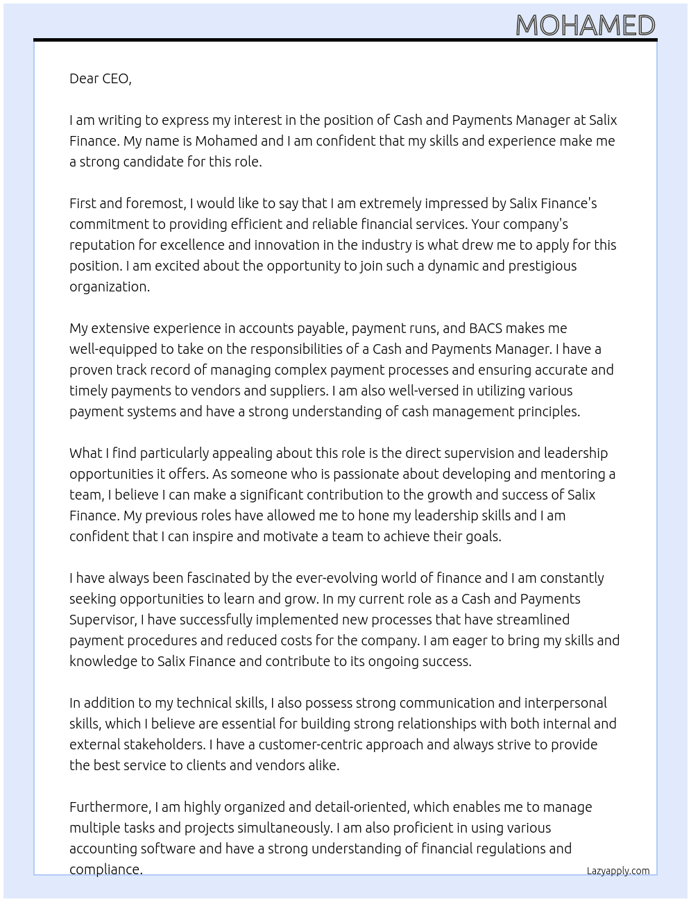 Cash and Payments Manager At Salix Finance Cover Letter