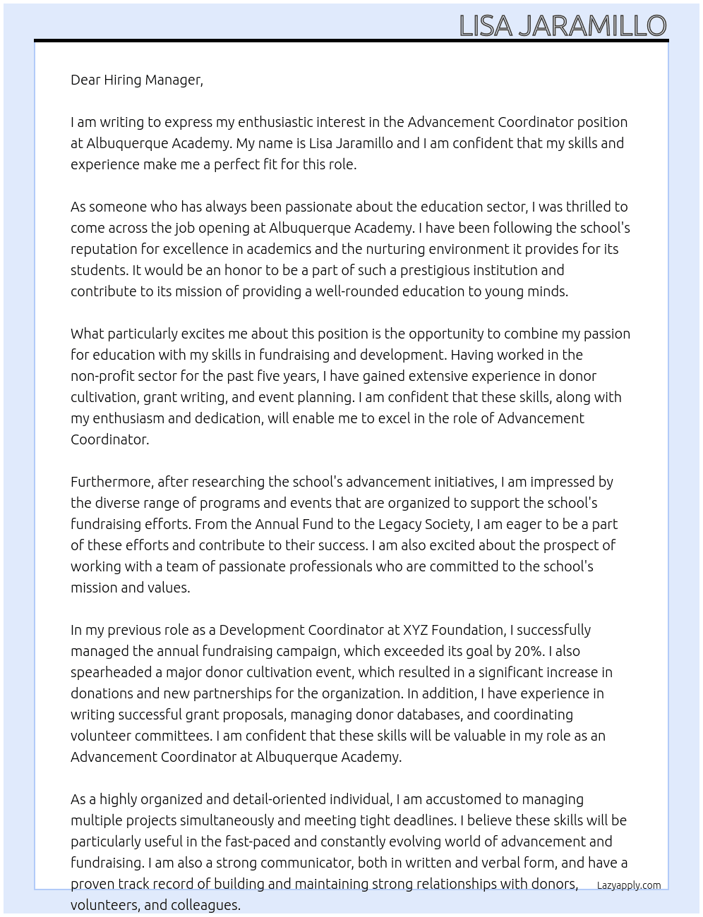 Advancement Coordinator  At Albuquerque Academy  Cover Letter
