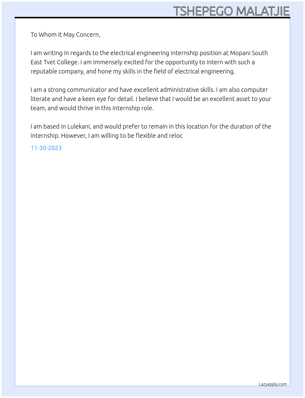 Electrical Engineering Internship At Mopani South East Tvet College Cover Letter