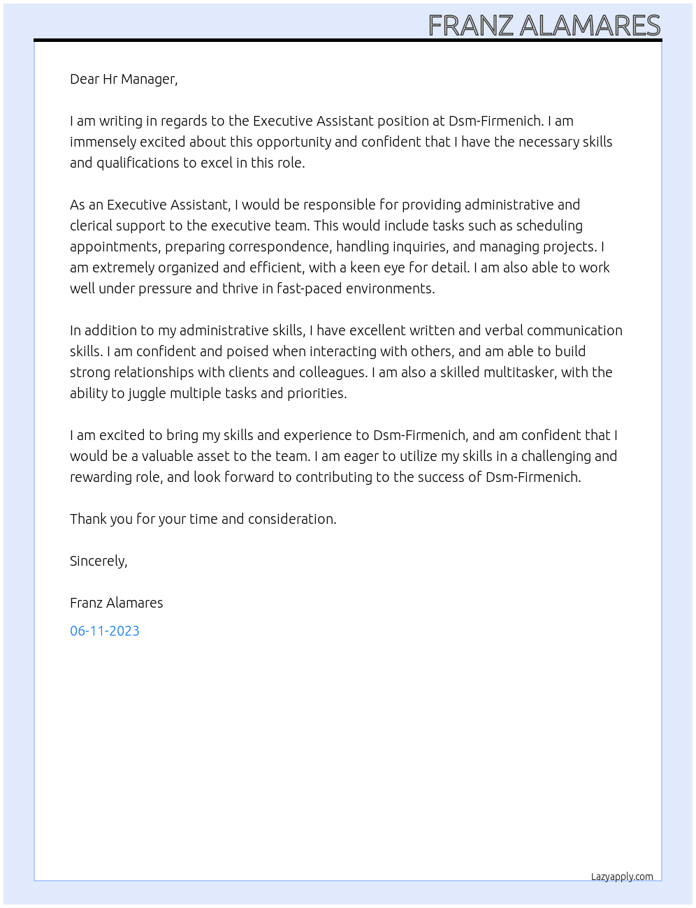 Executive Assistant At Dsm-Firmenich Cover Letter