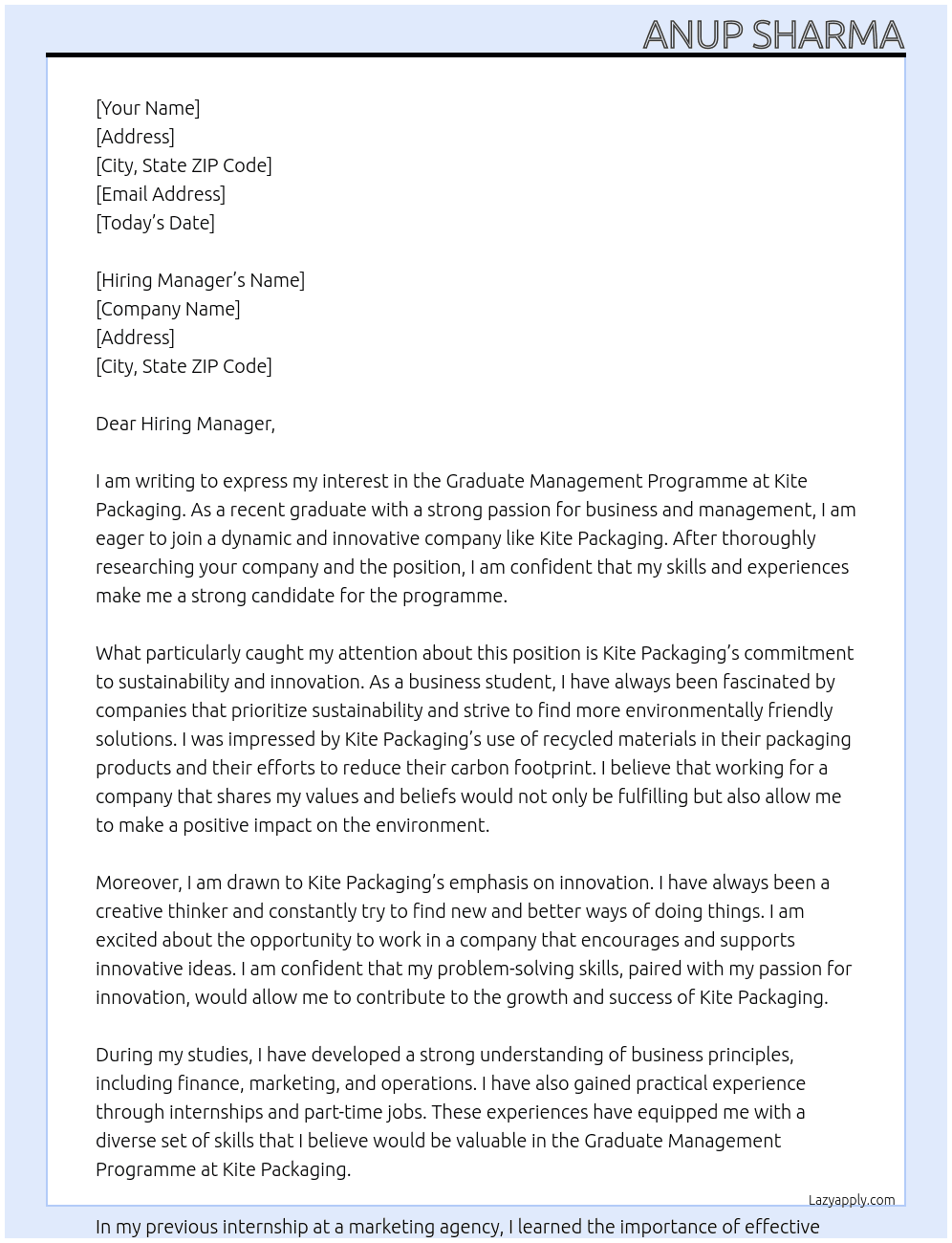 Graduate Management Programme At Kite Packaging Cover Letter