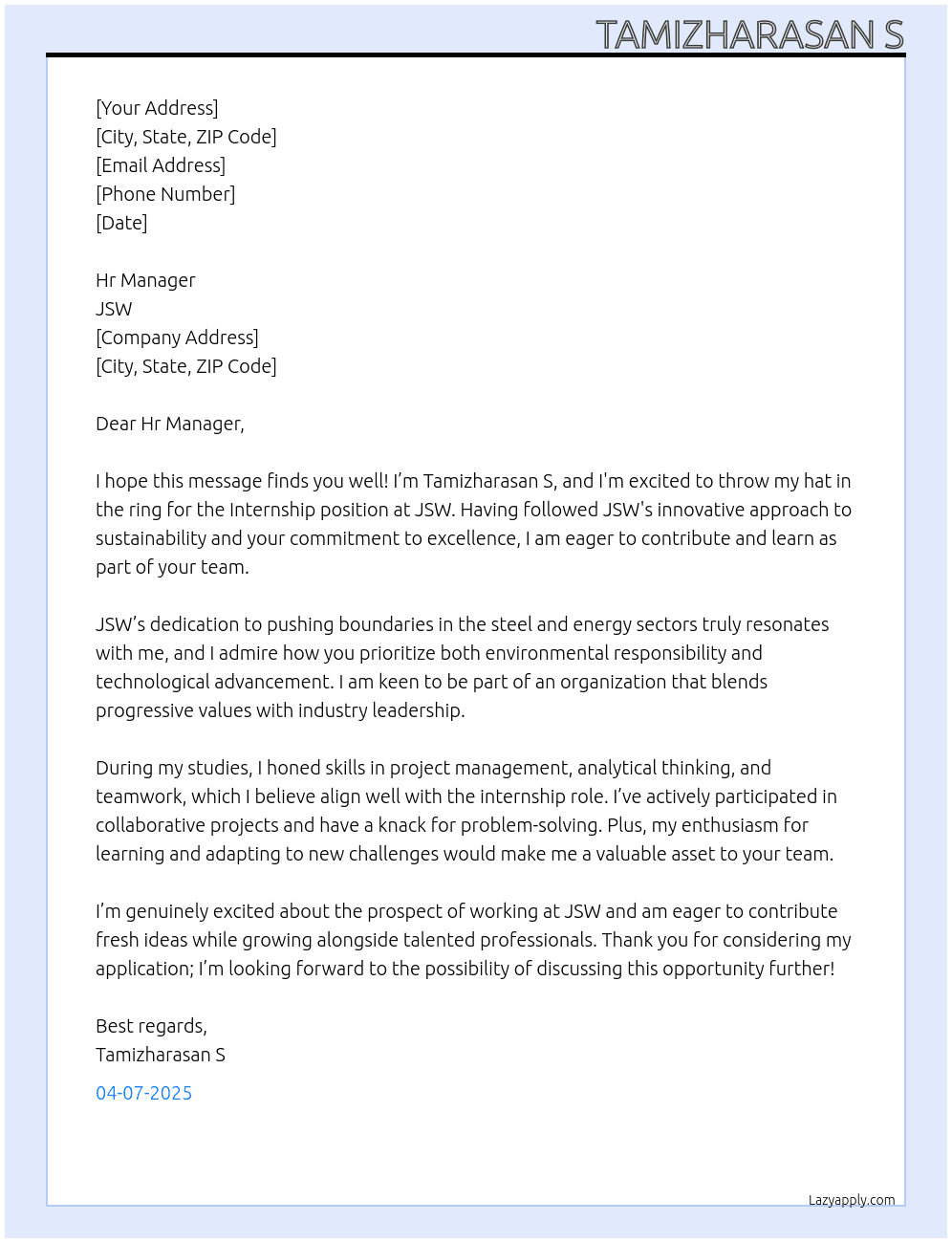 Cover letter for internship in jsw - LazyApply