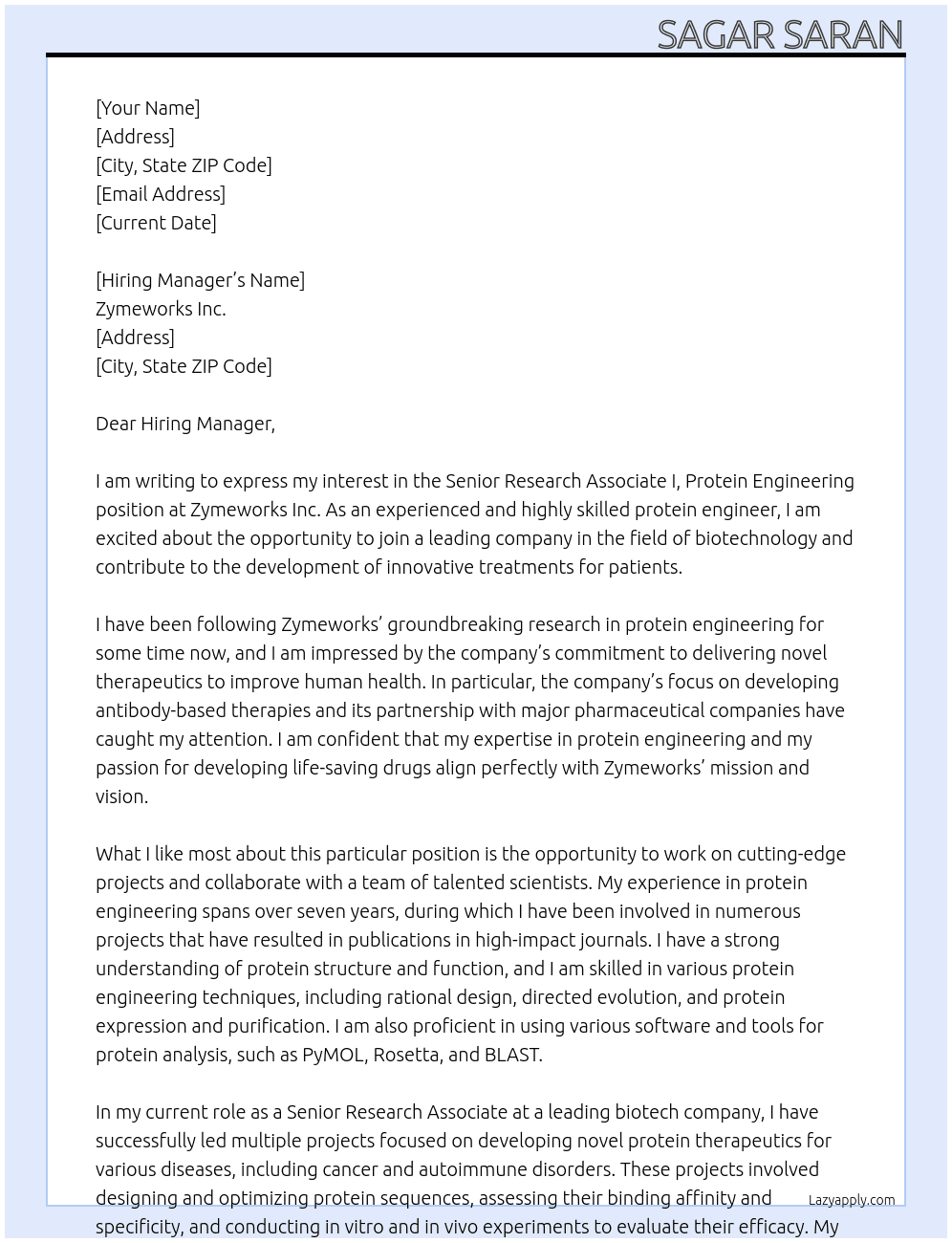 Senior Research Associate I, Protein Engineering At Zymeworks Inc. Cover Letter