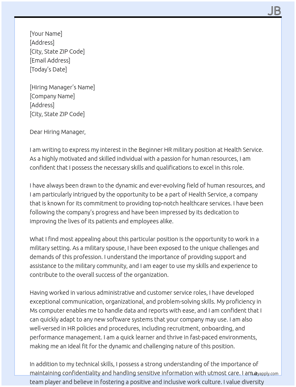 Beginner HR military  At Health service Cover Letter