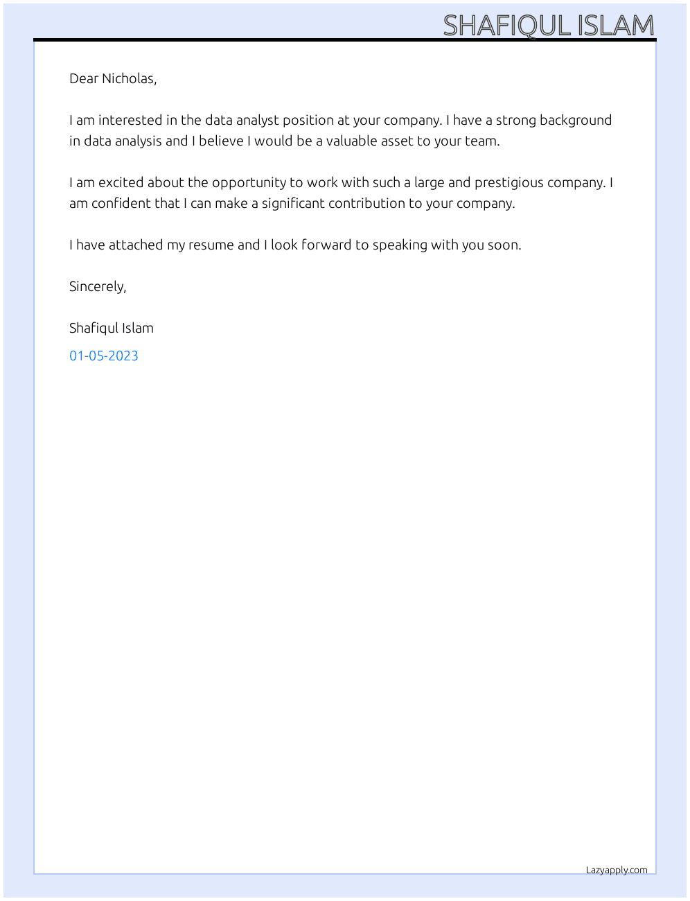 data analyst  At Nicholas  Cover Letter