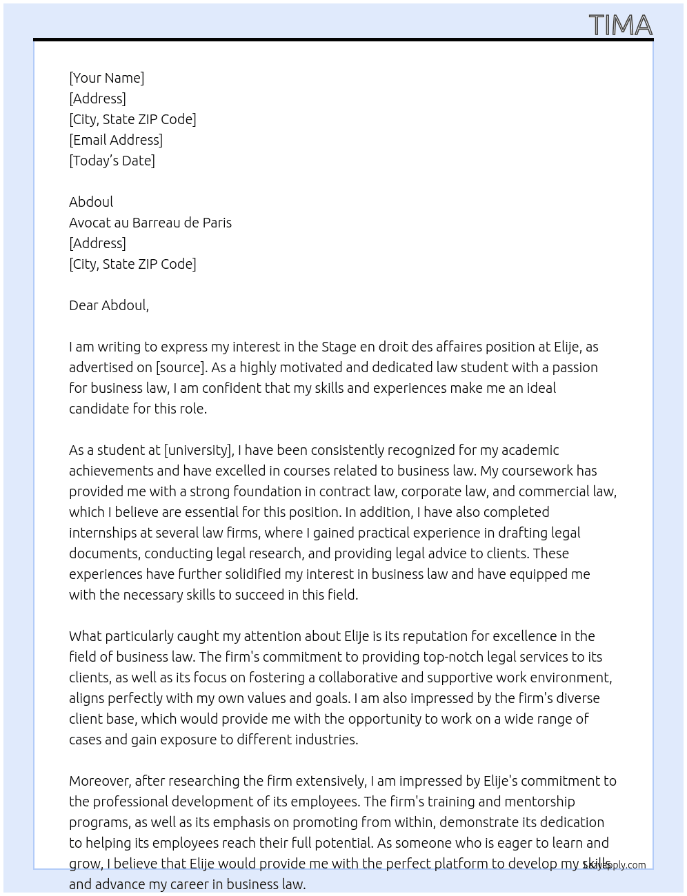 Stage en droit des affaires At Elije  Cover Letter