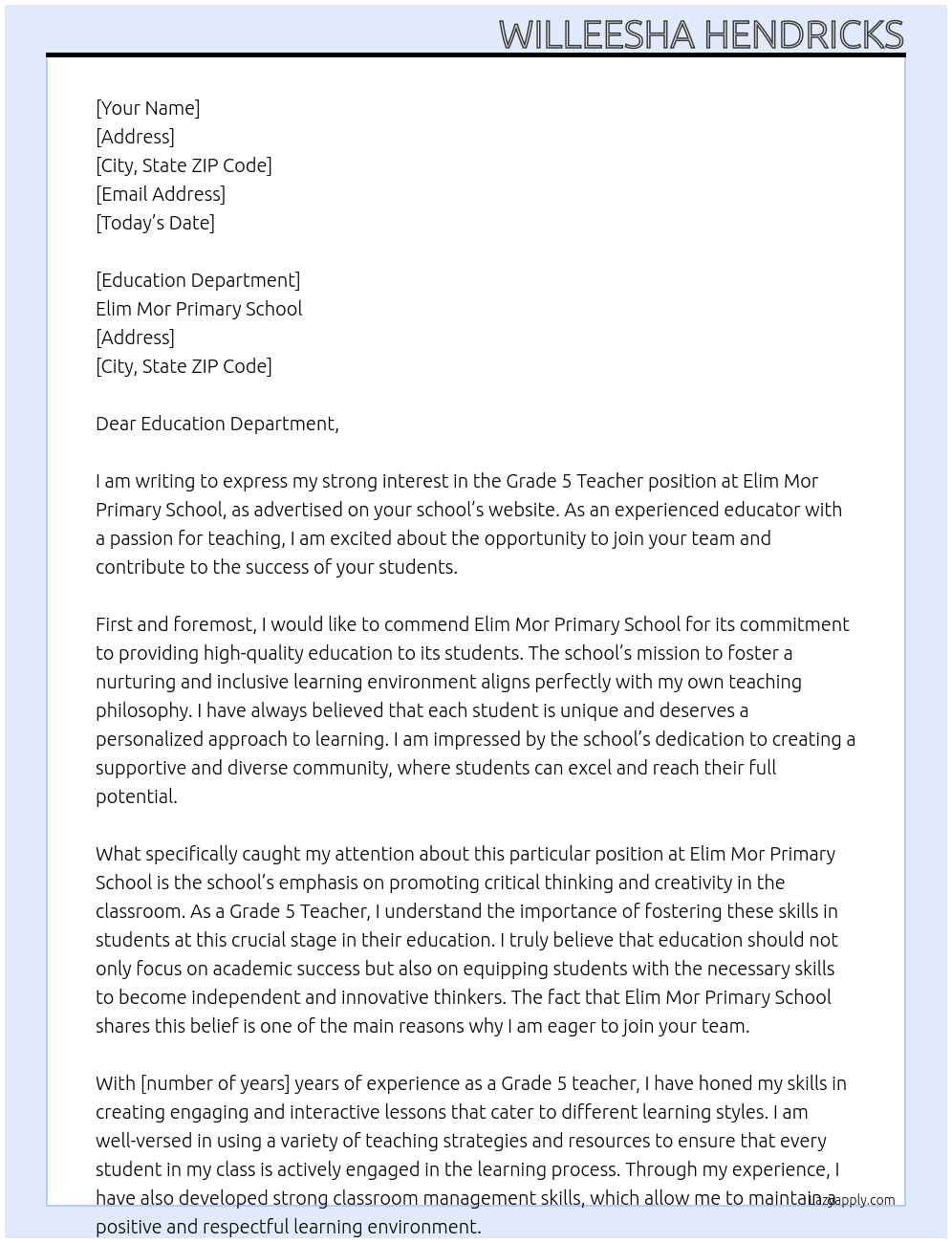 Grade 5 Teacher At Elim Mor Primary school Cover Letter
