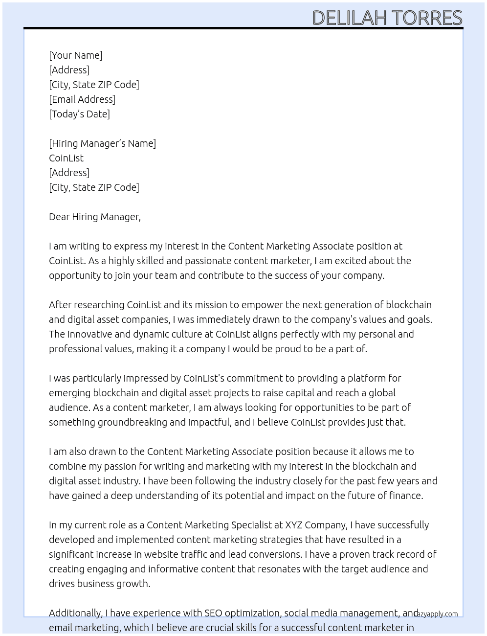 Content Marketing Associate At CoinList Cover Letter
