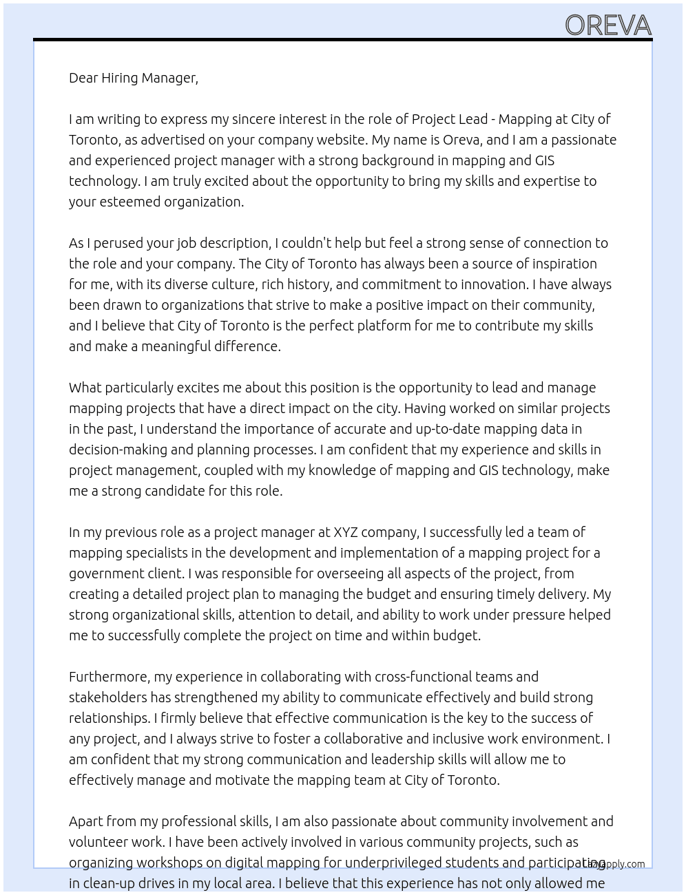 Cover letter for project lead - mapping - LazyApply