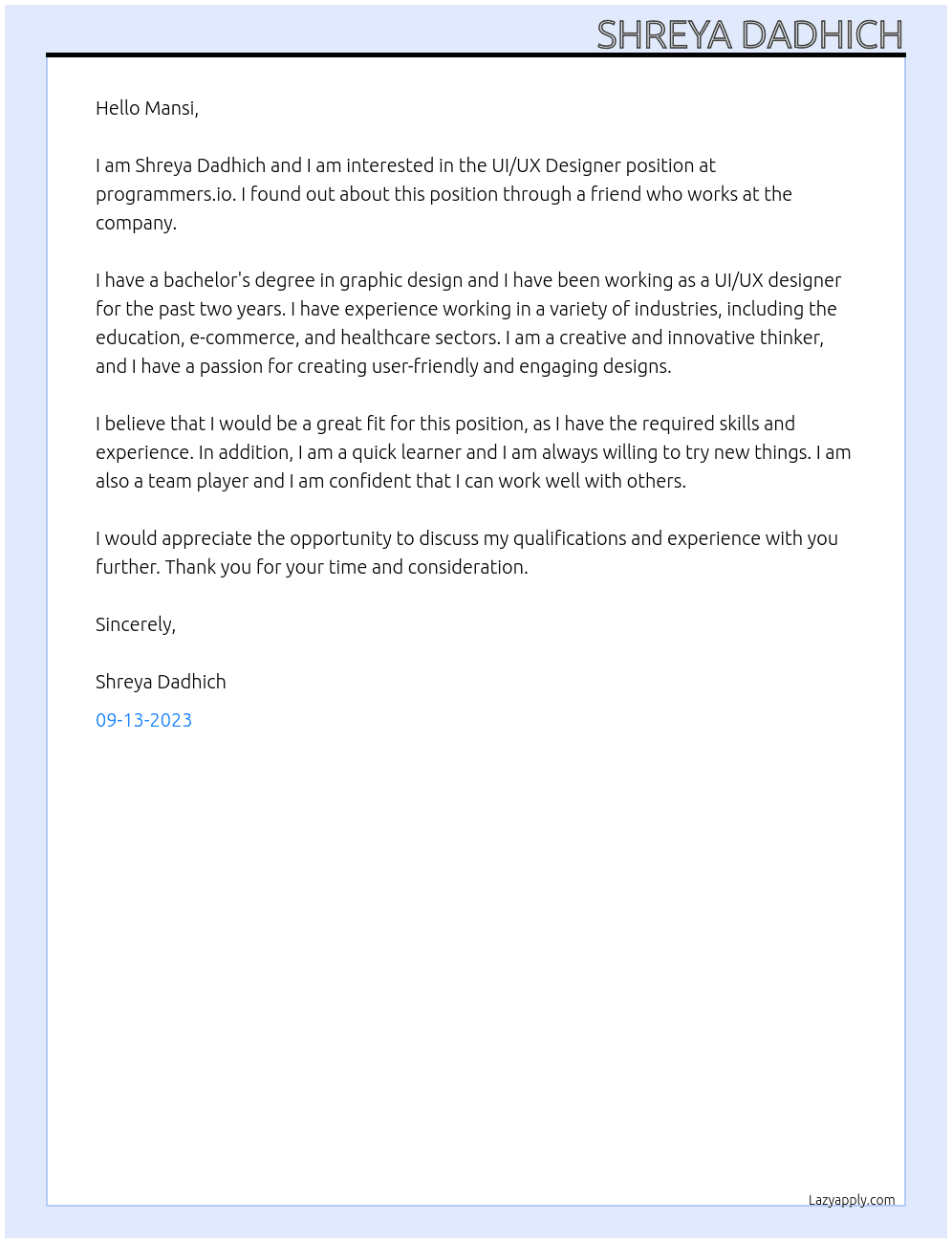 UI/UX Designer At programmers.io Cover Letter