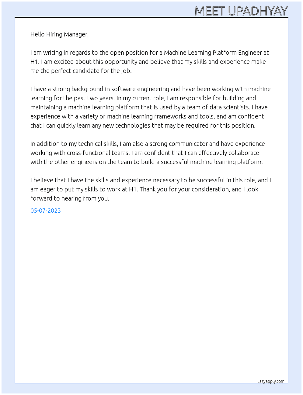 Machine Learning Platform Engineer At H1 Cover Letter