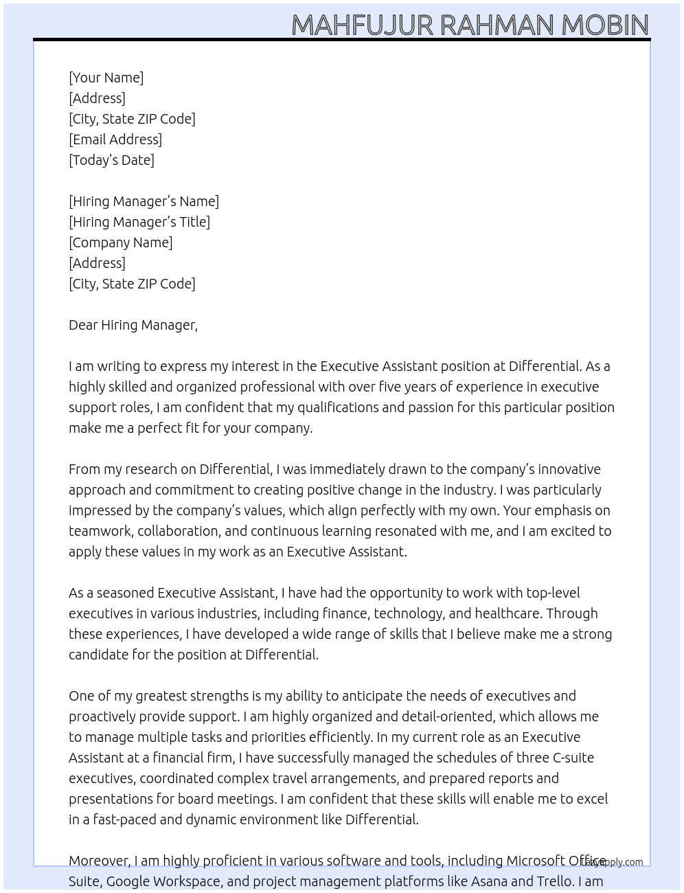 Executive Assistant At Differential Cover Letter